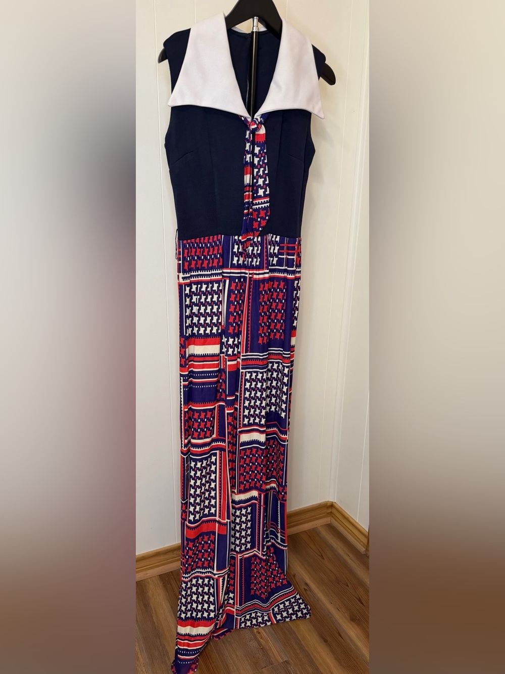 Vintage MCM Houndstooth Women's Navy, Red & White Patterned Maxi Skirt